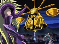 Armadura de Libra surge para proteger Dohko e Shiryu de Shion.