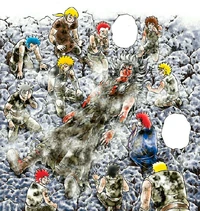 Os jovens Cavaleiros de Ouro ao redor do corpo queimado de Odisseu.