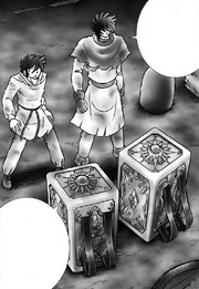 Suikyo entrega a Tenma as armaduras de Taça e Pégaso (ND)