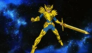 Aiolia de Leão em posse da Espada Balmung.