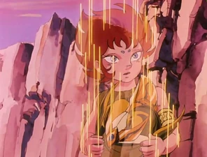 Kiki se teleporta, levando consigo o elmo da Armadura de Áries.]]