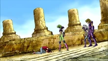 Shaina, Jabu e Ichi impedem o avanço de Seiya.