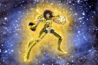 Dohko eleva seu cosmo ao voltar a trajar sua Armadura de Libra.