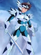 Seiya de Pégaso em posse da Espada Balmung.