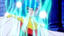 Abel repelindo o ataque de Seiya com sua barreira cósmica.