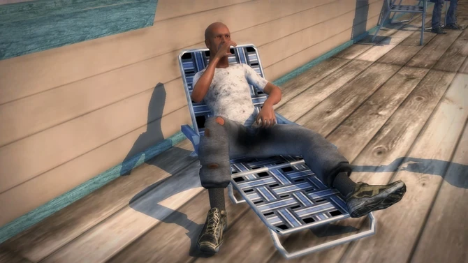 A Bum sitting in Elysian Fields (Trailer Park District) in Saints Row 2