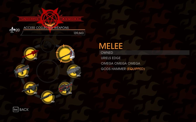 "Access Collected Weapons" menu in Saints Row: Gat out of Hell