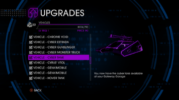 Upgrades menu in Saints Row IV after unlockitall - Cyber Tank