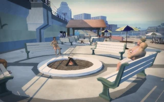Centennial Beach - civilians on benches around fire pit