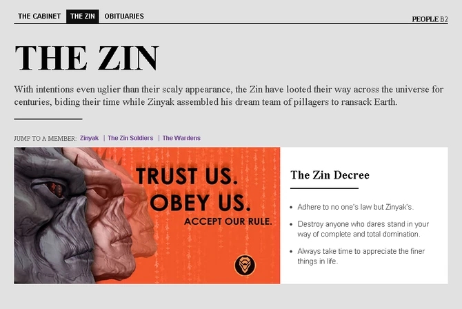 The Zin Decree and Saints Row IV website promo with description