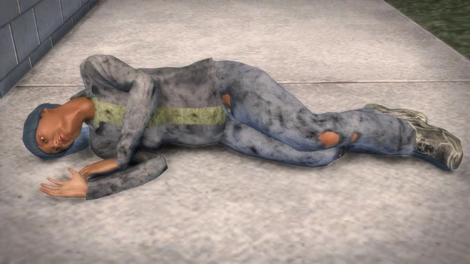 A Bum asleep in New Hennequet (Suburbs Expansion District) in Saints Row 2