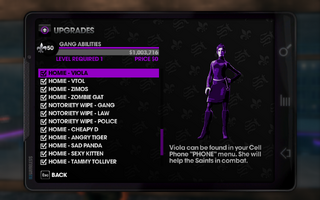 Saints Row The Third - Viola in Upgrades menu