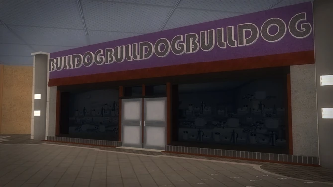 A "Bulldog" store (not enterable) in the Rounds Square Shopping Center in Saints Row 2