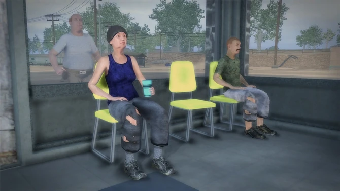Bums sitting in Elysian Fields (Trailer Park District) in Saints Row 2