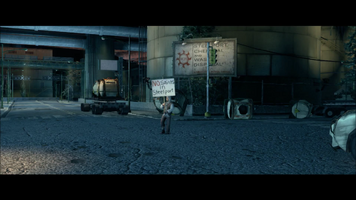 Air Steelport closing cutscene - scattered containers behind protester