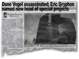 The newspaper clipping containing Eric Gryphon's name in Saints Row 2