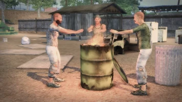 Bums around a fire in  ( District) in Saints Row 2