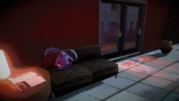 Purple Cabbit on couch inside Kingdom Come Records in Johnny Gat's Simulation in Saints Row IV
