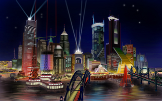 Early concept art of the renovated Stilwater from Saints Row 2.