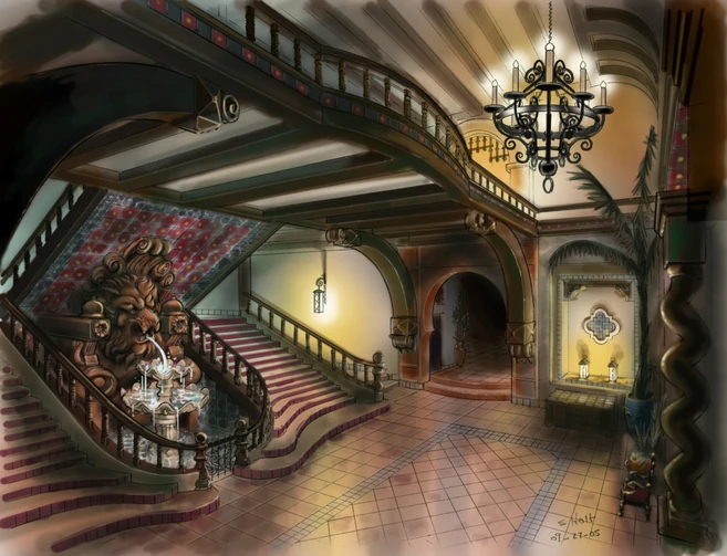 Concept art of the interior of the mansion
