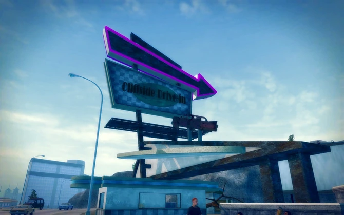 Pleasant View in Saints Row 2 - Cliffside Drive-in sign