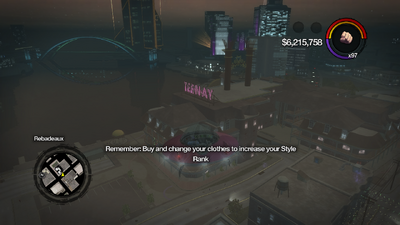 On-screen Tip in Saints Row 2 - Buy and change your clothes to increase your Style Rank