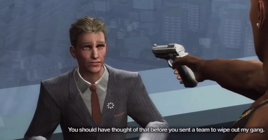 Dane being threatened by Playa in the End Game cutscene