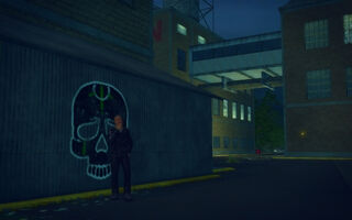 The Mills in Saints Row 2 - civilian smoking near Samedi graffiti