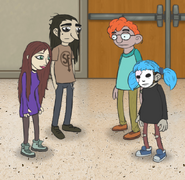 Ash, Larry, Todd, and Sal in the school hall