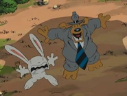 Sam & Max, looking up at a statue that's about to fall on them