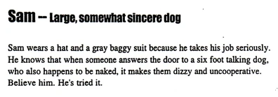 Sam's appearance from Series bible