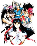 Clockwise: Galford, Tam Tam, Ukyo, Nakoruru, Haohmaru, Earthquake.