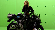 Photo behindthescenes 10 129054127151 Emilie Ullerup gets her biker look on shooting a scene from Sanctuary's first season.