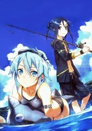 Ilustración de abec de Kirito y Sinon en trajes de baño.