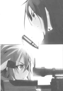 Sinon y Kirito a punto de comenzar su duelo.