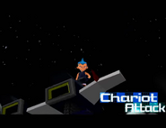 Jake stands on the Jake-mobile in the boss fight dubbed as 'Chariot Attack' in the NTSC version of Ape Escape