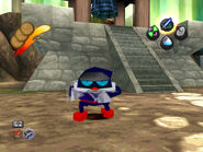 A Hanzo throwing a shuriken by the temple courtyard's bell