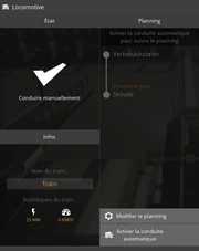 Le menu de conduite autonome pour la locomotive électrique, montrant les arrêts sélectionnés.