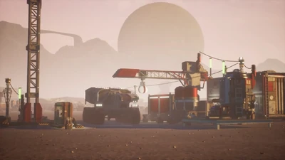 Un Tracteur arrivant à un poste avancé. L'un des véhicules présents dans Satisfactory.