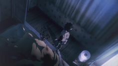 Child Zack standing by his dead caretakers.