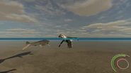 Adult Dakotaraptor swimming away from a Mosasaurus