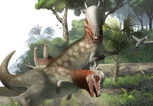 Concept art of a Brodavis flying away from fighting  and a couple of  in the background.