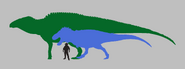 Concept of maximum super-adult Anatosaurus size, in comparison to Tyrannosaurus and to a human