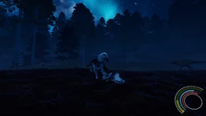 Male Anatosaurus walking close to a live and a dead Dakotaraptor 