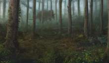 Concept art of Triceratops walking in the hardwoods
