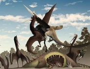 Concept art of a Denversaurus carcass, infested by Quetzalcoatlus, a subadult Dakotaraptor, a Acheroraptor, a Palaeosaniwa and a Chamops