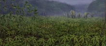 Concept art of a fern prairie with a herd of Anatosaurus in the background