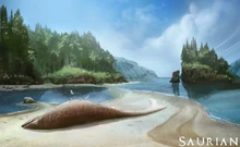 Early concept art of a beached Mosasaurus being eaten by 