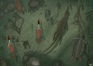 Concept art of swimming Champsosaurus, Potamornis and Axestemys