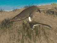 Beached Mosasaurus close to an adult Dakotaraptor
